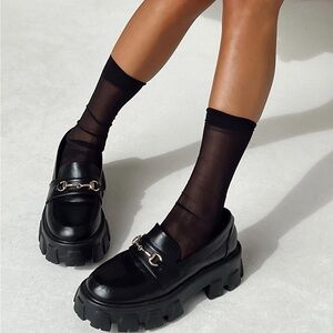 Princess Polly Penny Lane Loafer - Black Chunky Loafers with Gold Detail